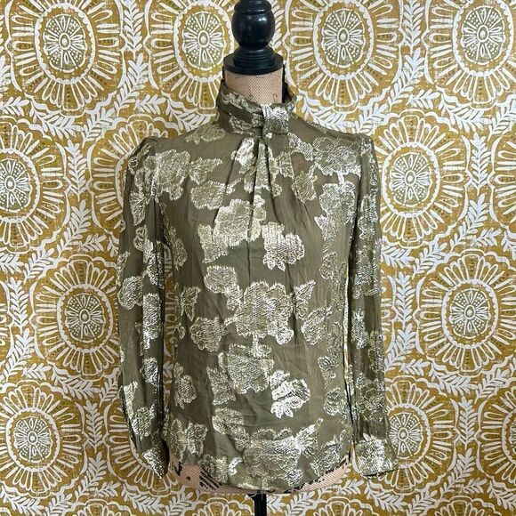NWOT Mille Charlotte Long Sleeve Metallic Pleated Blouse in Gold Leaf size XXS - Picture 8 of 16